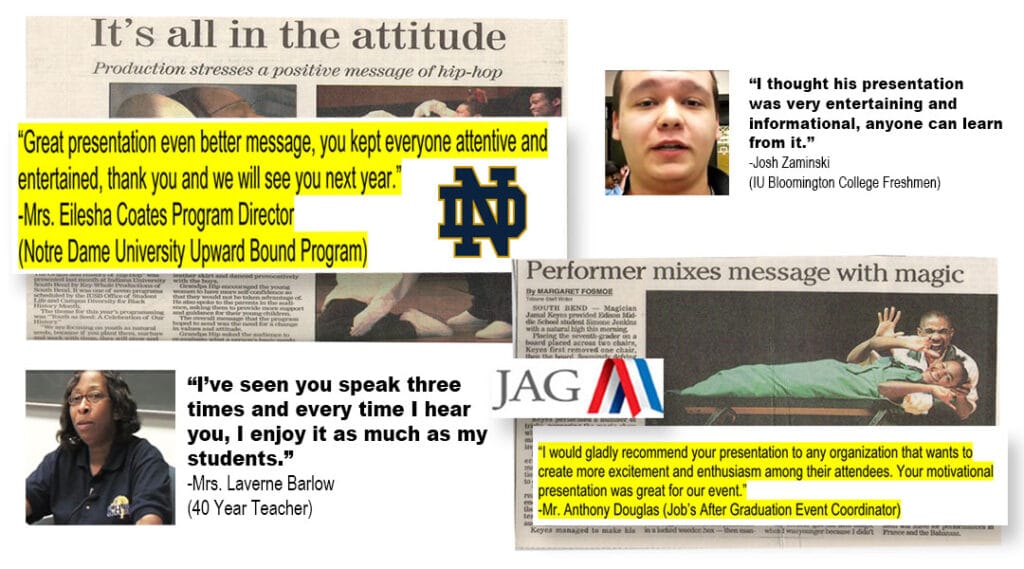 Testimonials from educators and youth organizations praising Indianapolis Youth Speaker Jamahl Keyes for his impactful presentations.