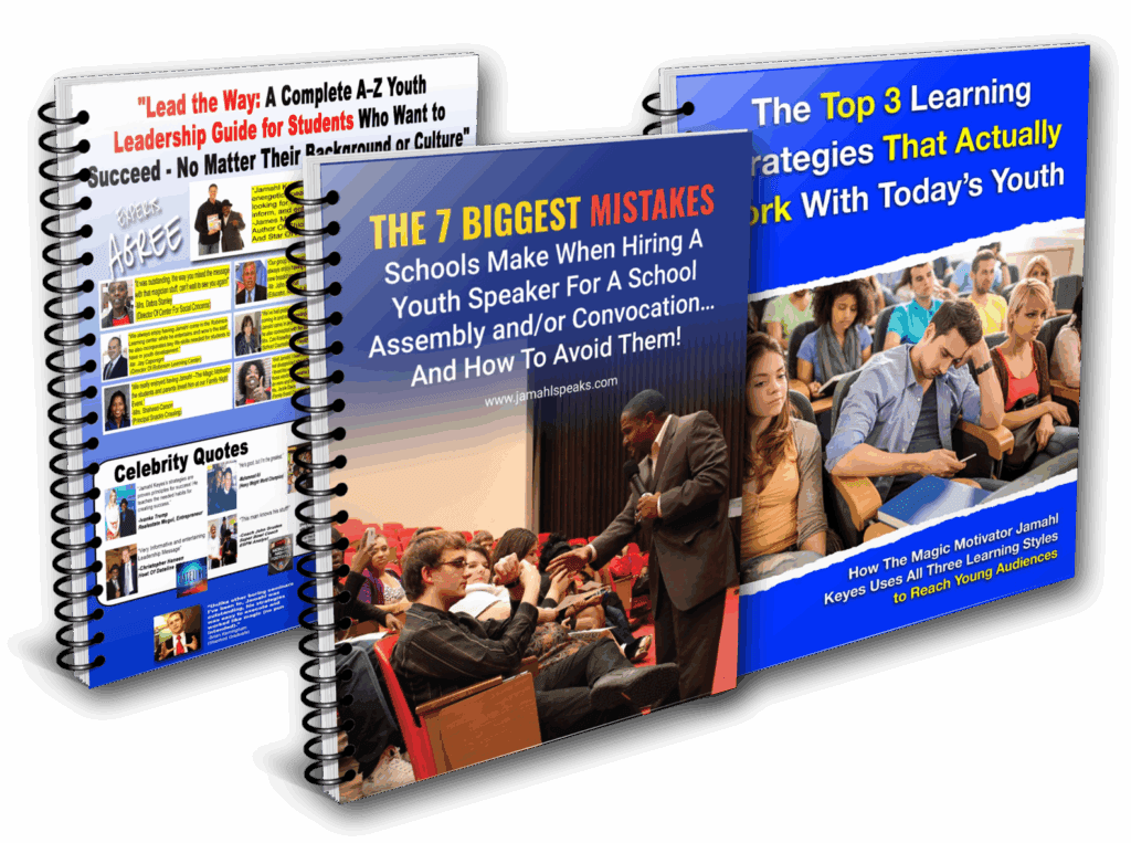 Cover image of a FREE downloadable eBook bundle for school administrators, featuring planning tools and tips for hiring the ideal youth speaker for school assemblies, conferences, and educational events.