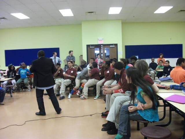 Youth Speaker Jamahl Keyes – The Magic Motivator performing a magic trick for students during a school assembly about suicide prevention.