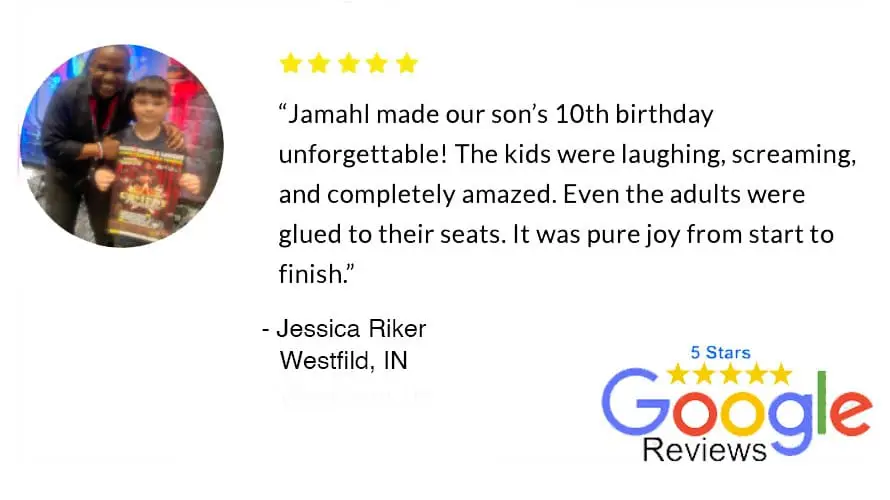 Birthday party family in Indianapolis praising The Magic Comic Jamahl Keyes for making their celebration unforgettable with laughter, magic, and interactive fun for all ages.
