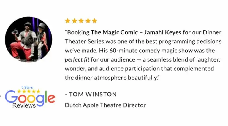 Dinner Theater Director giving a testimonial about The Magic Comic Jamahl Keyes, praising his hilarious and engaging performance that captivated the audience from start to finish.