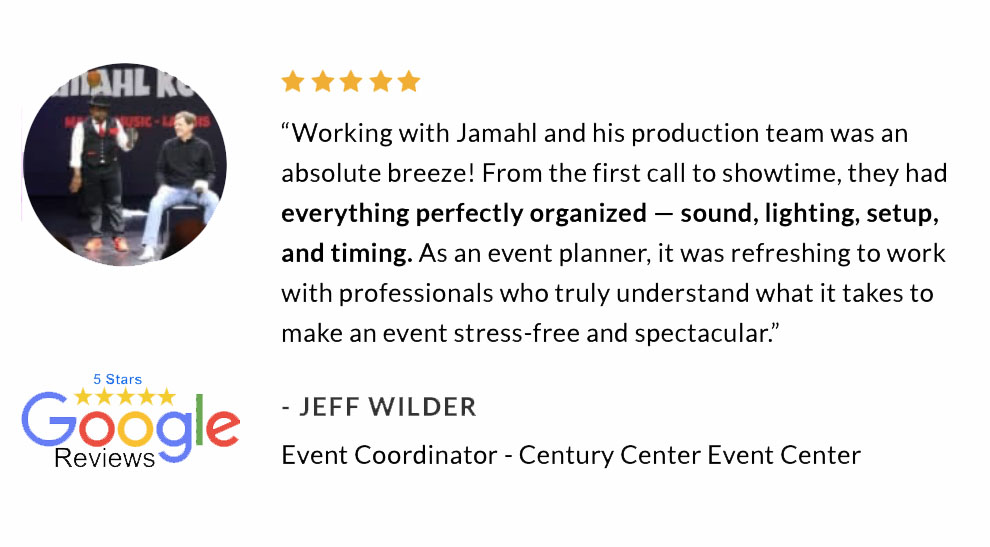Event planner at The Century Center in South Bend, Indiana praises comedy magician Jamahl Keyes – The Magic Comic – for his engaging and professional performance at their corporate event.