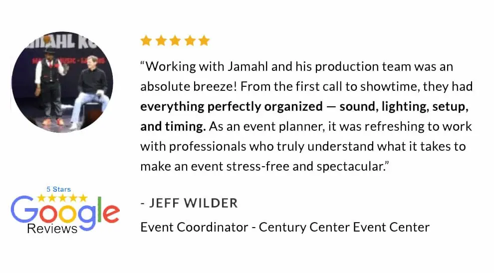 Event planner at The Century Center in South Bend, Indiana praises comedy magician Jamahl Keyes – The Magic Comic – for his engaging and professional performance at their corporate event.