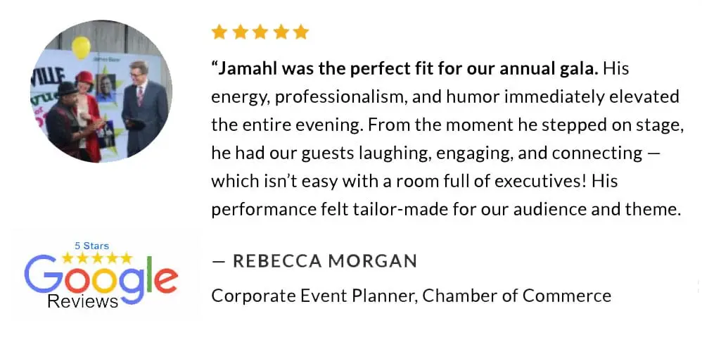 Event planner from the Indianapolis Chamber of Commerce praises The Magic Comic Jamahl Keyes for delivering an engaging and unforgettable comedy magic performance at their business event.