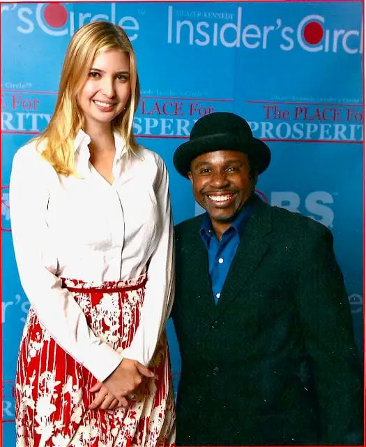 Indianapolis Corporate Magician The Magic Comic Jamahl Keyes and Ivanka Trump posing after his interactive comedy magic performance at a business conference at the Indianapolis Convention Center.