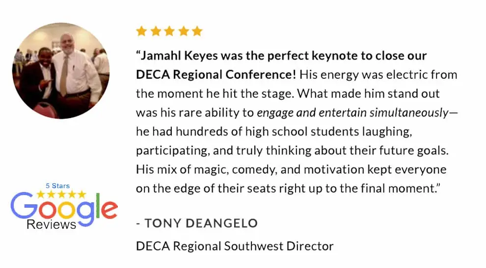 DECA Regional Director giving a testimonial about Indianapolis Youth Speaker Jamahl Keyes after his inspiring and entertaining presentation at the JW Marriott Downtown Indianapolis.