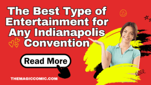 “Magician Jamahl Keyes performing close-up magic for attendees during a convention networking reception in downtown Indianapolis.”