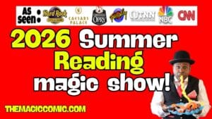 Jamahl Keyes performing an interactive library Summer Reading magic show with a child volunteer in Indiana.