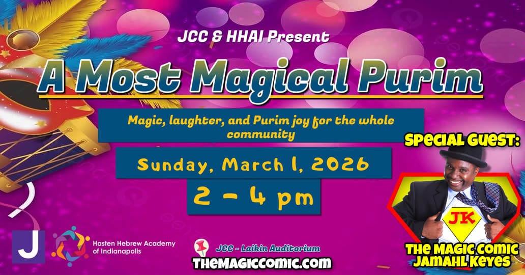 Jamahl Keyes The Magic Comic performing at JCC Indianapolis Purim event.