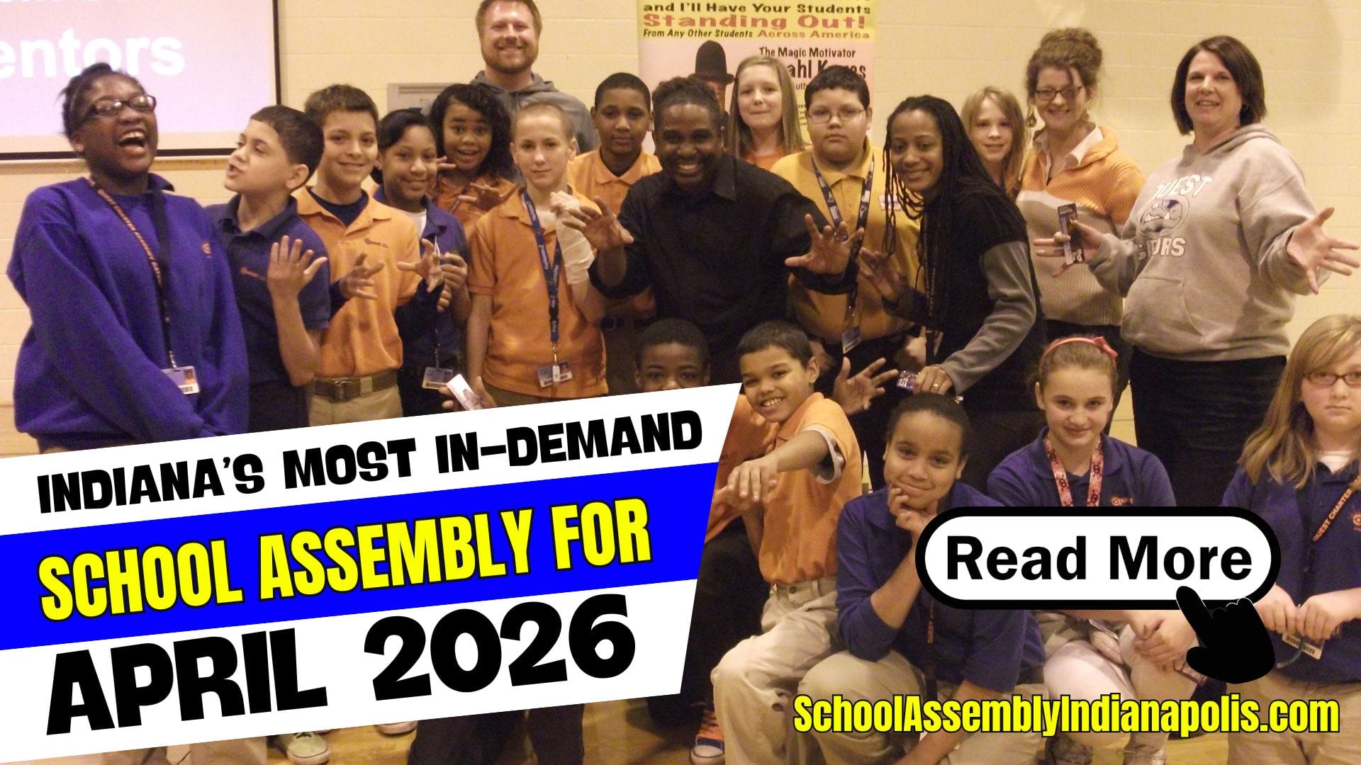 Promotional image of Jamahl Keyes The Magic Comic with text overlay “Book Now: April 2026 Indiana School Assemblies” for Indianapolis-area schools.