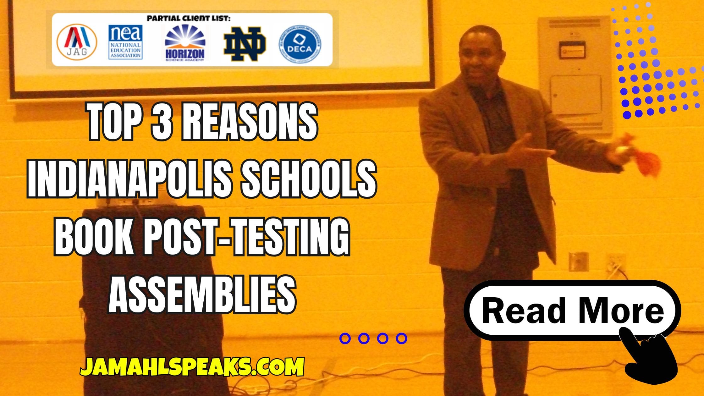 Jamahl Keyes performing an interactive post-testing school assembly as students laugh and participate.