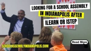 Jamahl Keyes The Magic Comic performing a motivational school assembly in Indianapolis after ILEARN testing with students laughing and participating.