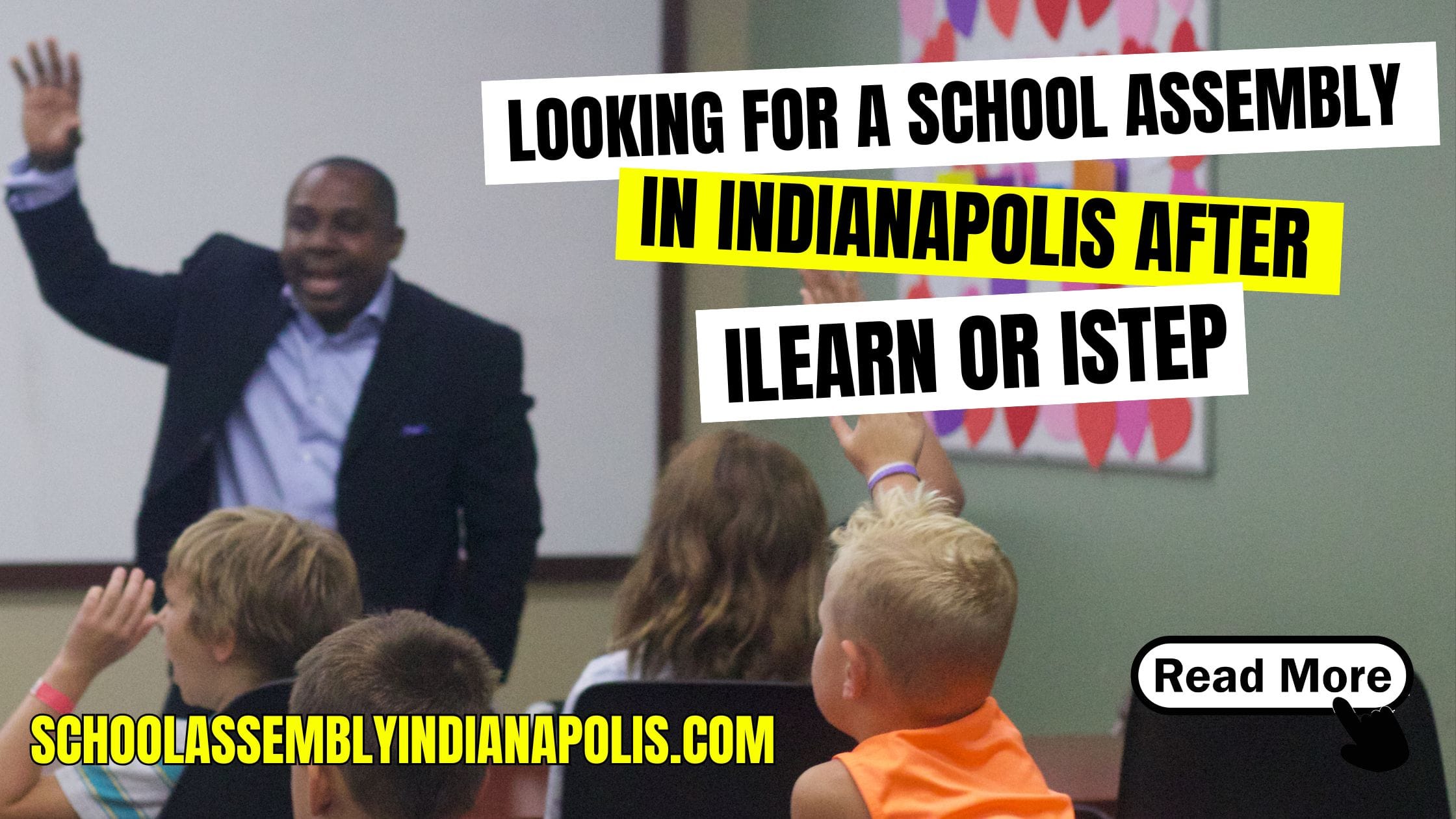 Jamahl Keyes The Magic Comic performing a motivational school assembly in Indianapolis after ILEARN testing with students laughing and participating.