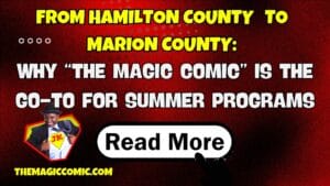 Promotional banner for The Magic Comic ad with bold yellow headlines on a red textured background and a large Read More button; features a man in a suit on the left.