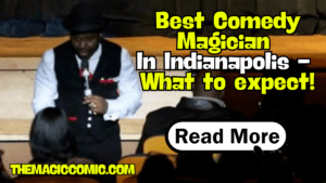Professional comedy magician Jamahl Keyes, The Magic Comic, delivering a funny and interactive live magic show on stage in Indianapolis.