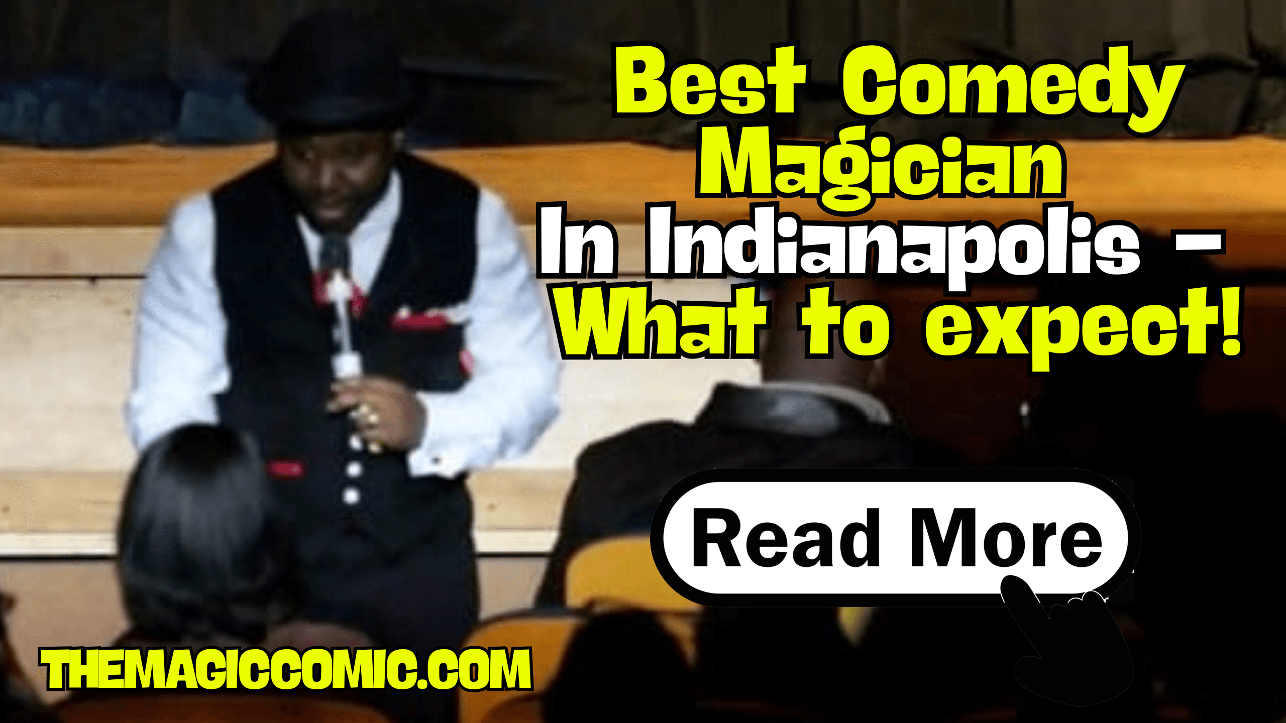 Professional comedy magician Jamahl Keyes, The Magic Comic, delivering a funny and interactive live magic show on stage in Indianapolis.