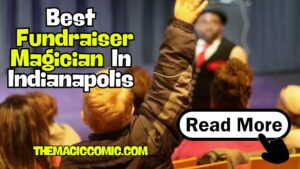 Promotional thumbnail announcing a fundraiser magician in Indianapolis, with bold text and a raised hand on stage.