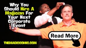 Corporate magician Jamahl Keyes performing interactive comedy magic on stage for a corporate event audience in Indianapolis.