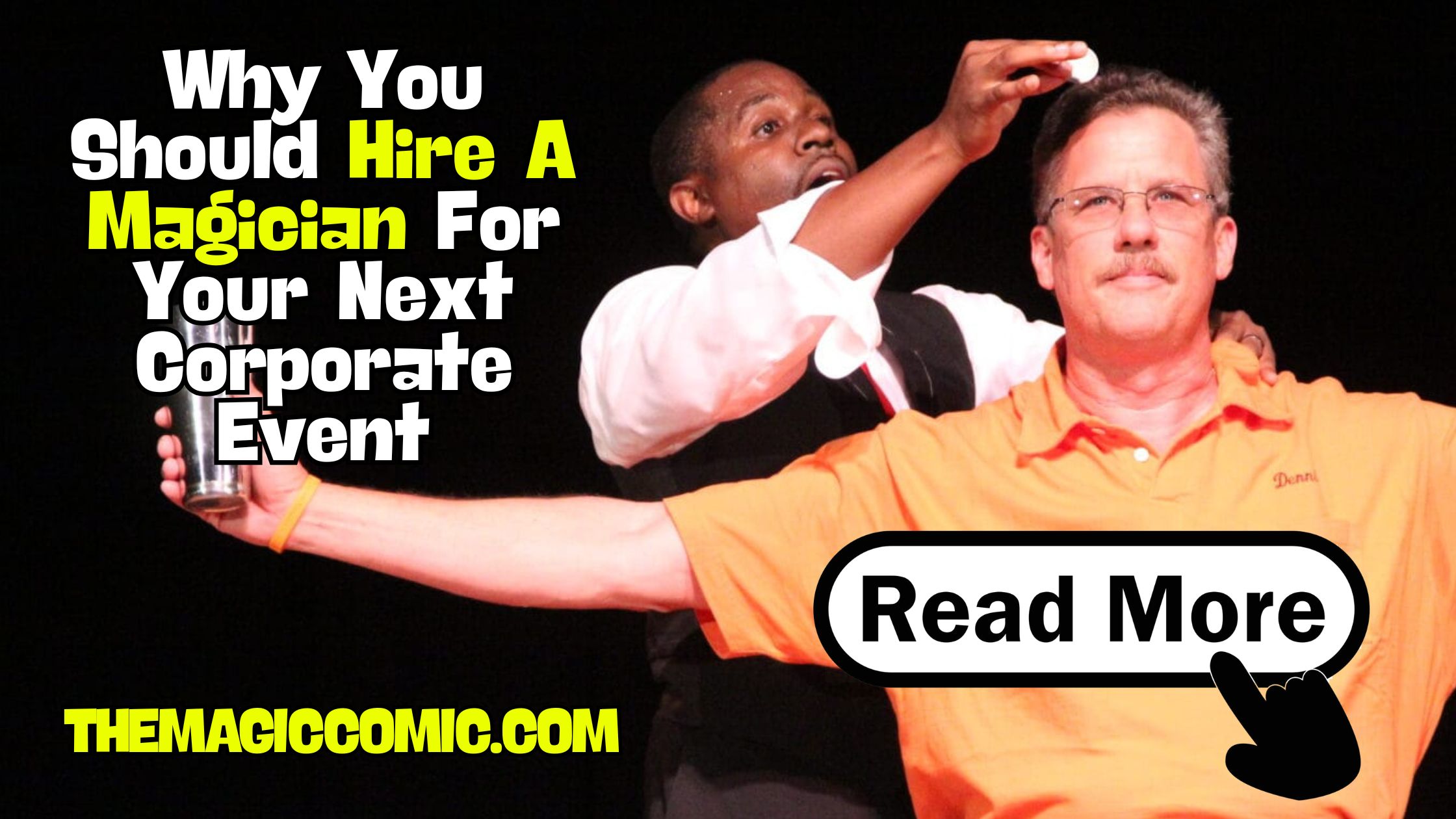 Corporate magician Jamahl Keyes performing interactive comedy magic on stage for a corporate event audience in Indianapolis.