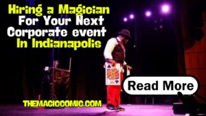 Professional corporate magician Jamahl Keyes performing a high-energy comedy magic show on stage for a business conference in Indianapolis.