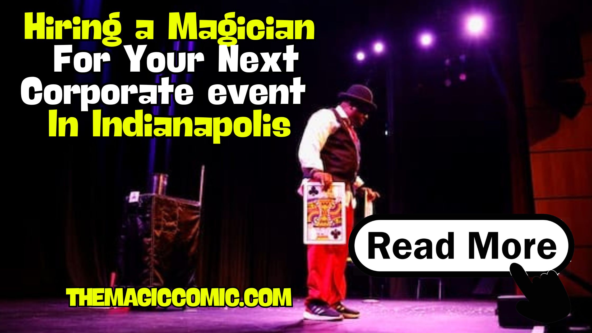 Professional corporate magician Jamahl Keyes performing a high-energy comedy magic show on stage for a business conference in Indianapolis.