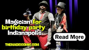 Indianapolis birthday party magician Jamahl Keyes performing interactive comedy magic for a crowd of teenagers and adults laughing at a milestone family celebration.