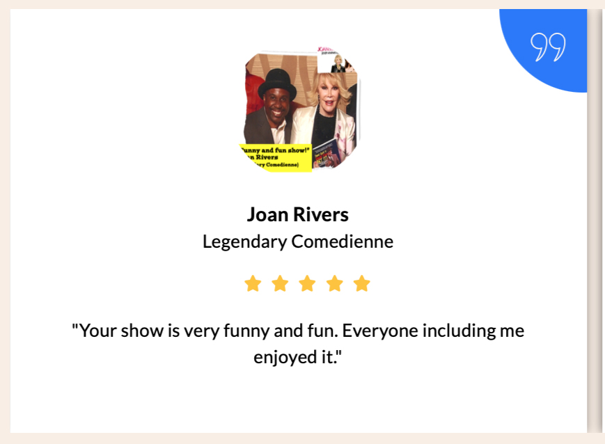 Promotional testimonial graphic featuring comedienne Joan Rivers complimenting magician Jamahl Keyes.