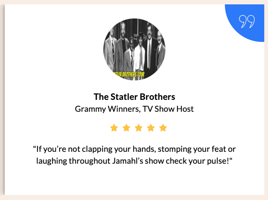 Quote graphic featuring Grammy Winners The Statler Brothers endorsing Jamahl Keyes' live magic show.