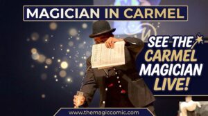 Most requested magician in Indianapolis,dressed in a black bowler hat, black suit, and white-button vest, smiles as he pours a stream of liquid from a folded "BUSINESS & FINANCE" newspaper into a clear champagne flute on a dark stage. A screen behind him shows a man revealing a superhero costume.