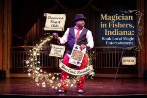 A corporate magician Jamahl Keyes on stage wearing red pants and a bowler hat, holding a large King of Clubs card during a magic performance. The text on the image reads "Magician in Fishers, Indiana: Book Local Magic Entertainment."
