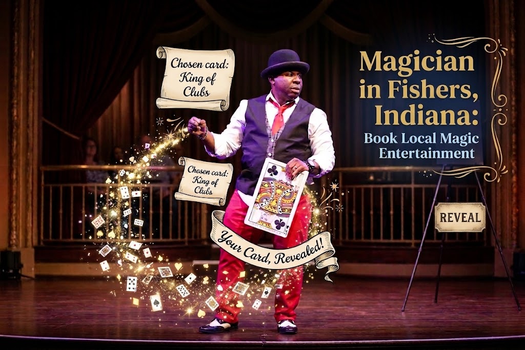 A corporate magician Jamahl Keyes on stage wearing red pants and a bowler hat, holding a large King of Clubs card during a magic performance. The text on the image reads "Magician in Fishers, Indiana: Book Local Magic Entertainment."