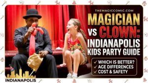 A graphic thumbnail showing a smiling magician in a bowler hat next to a laughing young girl on red steps, derived from a party photo. Overlaid bold text reads: 'MAGICIAN VS CLOWN: INDIANAPOLIS KIDS PARTY GUIDE.' A bulleted list details comparison points: 'WHICH IS BETTER? AGE DIFFERENCES, COST & SAFETY.' An Indianapolis skyline icon is visible.